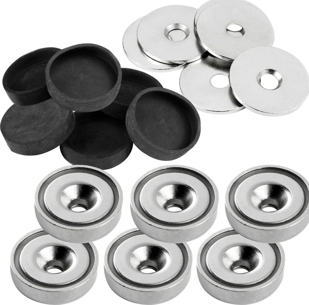 vasalat Topfmagnet mit Bohrung, Magnet mit Metallscheiben und Gummi-Kappen, Rundmagnet ø 20mm, Neodym vernickelt 18-teilig