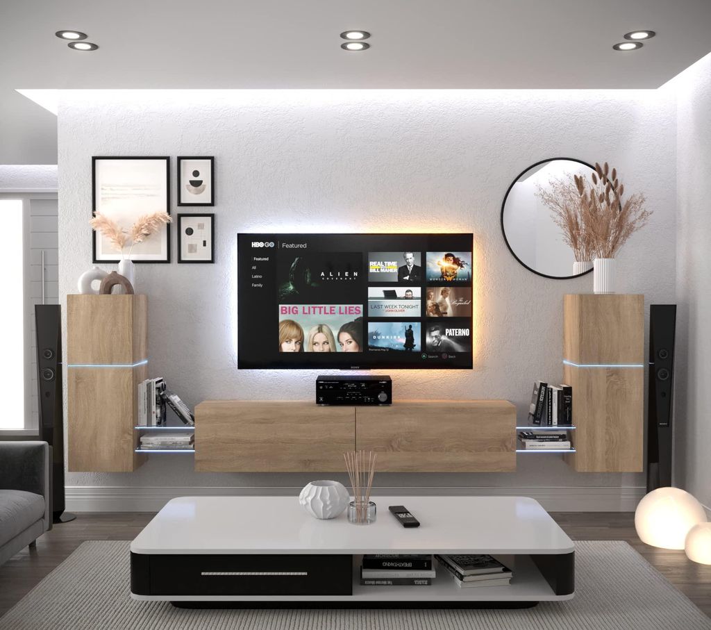 Furnitech Wohnwand Wohnzimmer - Wohnzimmer Möbel mit LED Blau - Hängend Wohnwand Modern - Wohnzimmer Schrankwand mit Regale und TV Schrank (AN104...