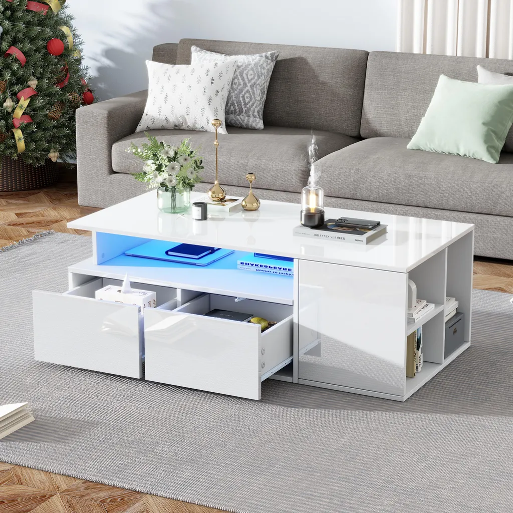 Table basse de salon moderne blanche laquée avec éclairage LED RGB