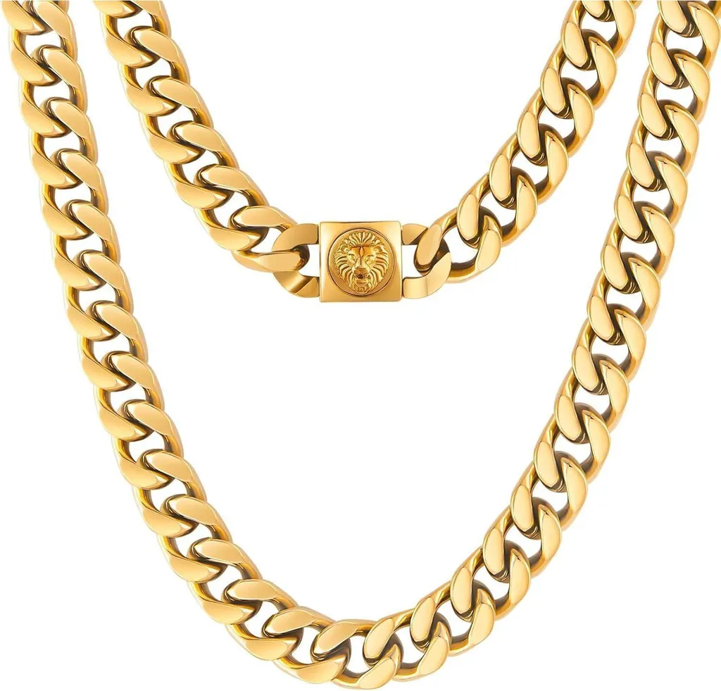 Chaîne maille cubaine or 18 carats 50cm avec tête de lion sculptée