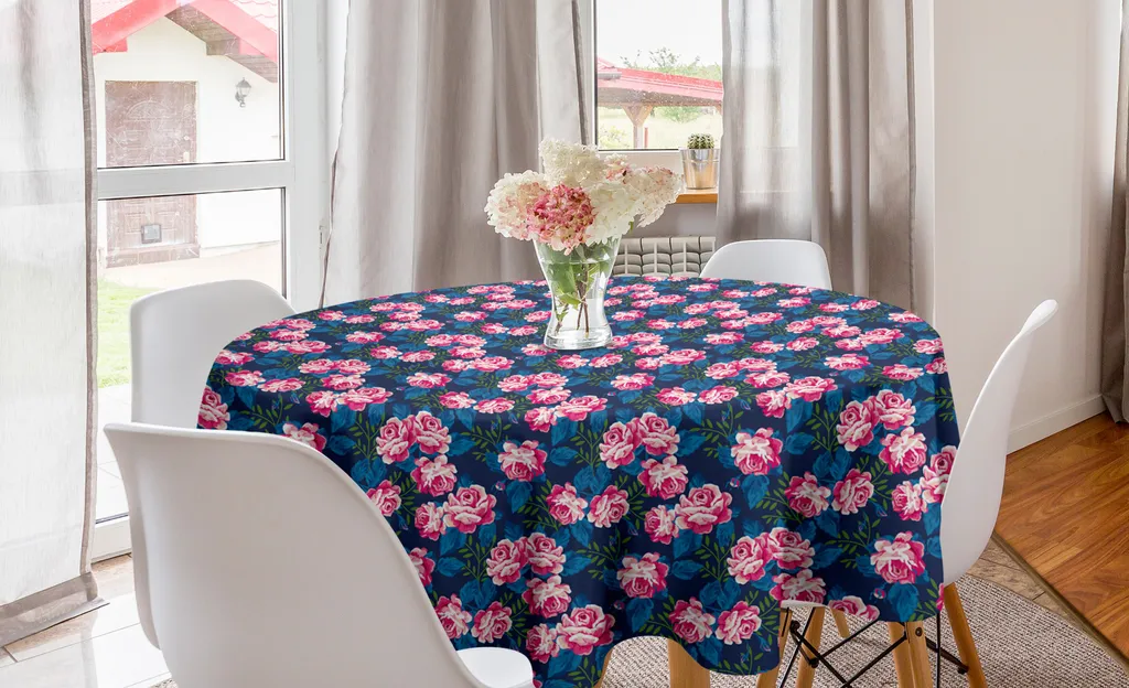 Tovaglia Rotonda 150 cm Blu Notte e Rosa ABAKUHAUS Motivi Floreali