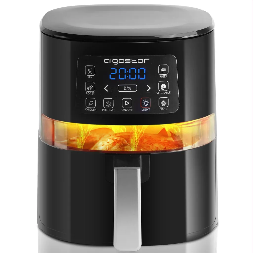 Friggitrice ad aria calda 7 in 1 Aigostar Maha da 4 litri con finestra di ispezione, cestello antiaderente, funzione di preriscaldamento, controllo indipendente dell'illuminazione, spegnimento automatico durante le pause, 1600 W, nero