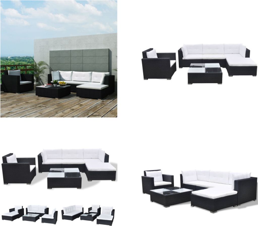 vidaXL 6 tlg. Garten Lounge Set mit Auflagen Poly Rattan Schwarz - Gartensofa - Gartensofas - Garten Lounge Set - Gartenmöbel Set