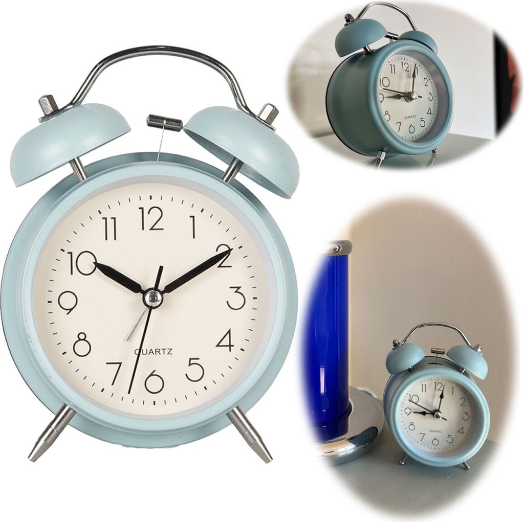 LS-LebenStil Retro Glockenwecker Blau 13x9x5cm Analog Vintage Quarzwecker Nostalgie Schlafzimmer Nachttisch Tischuhr Alarm Clock kleine Tischuhr