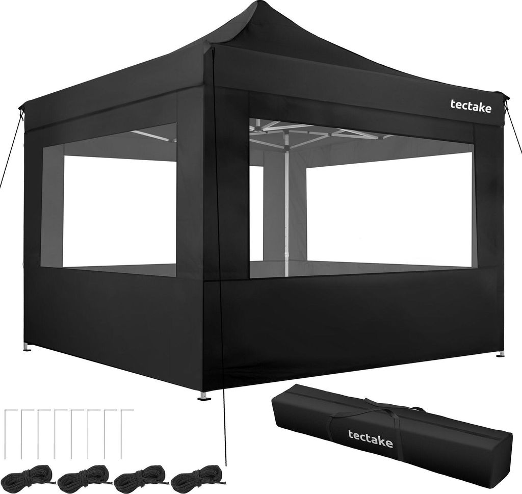 A black pop-up gazebo with transparent windows, shown outdoors with accessories like stakes and ropes, and a carrying bag.
