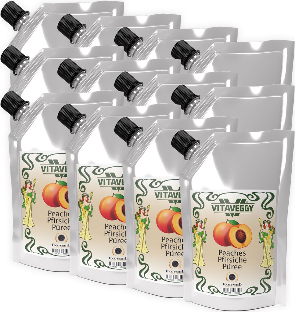 VITAVEGGY Früchte-Püree weisser PFIRSICH 12x1kg ohne Aroma- Farb- & Konservierungsmittel von Food-United, Pfirsichpüree geeignet für Obstbrei &...