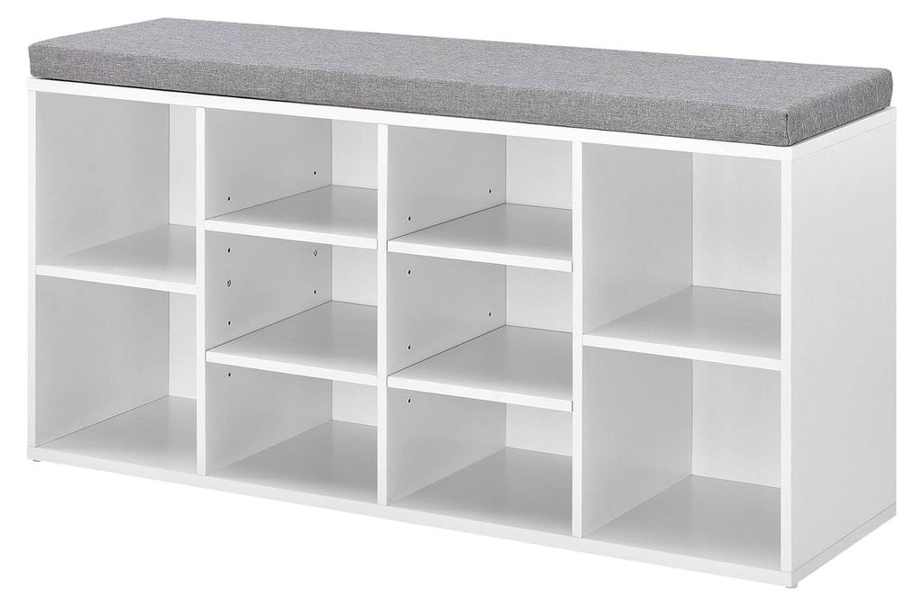 Schuhregal und Sitzbank mit 10 Ablageflächen 103x30x48cm in Weiß und Grau