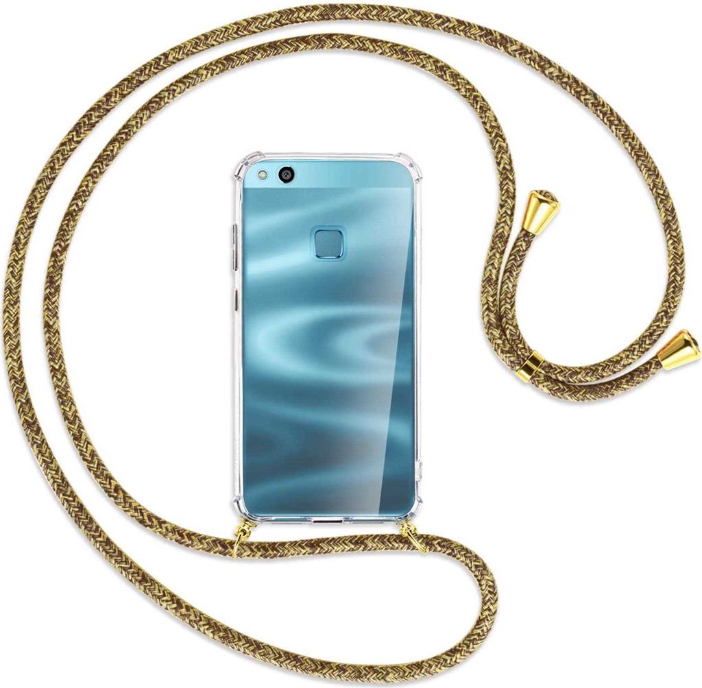 Handykette Backcover-Schutzhülle mit Band (Metall goldfarben) für Huawei P10 Lite - braun+beige