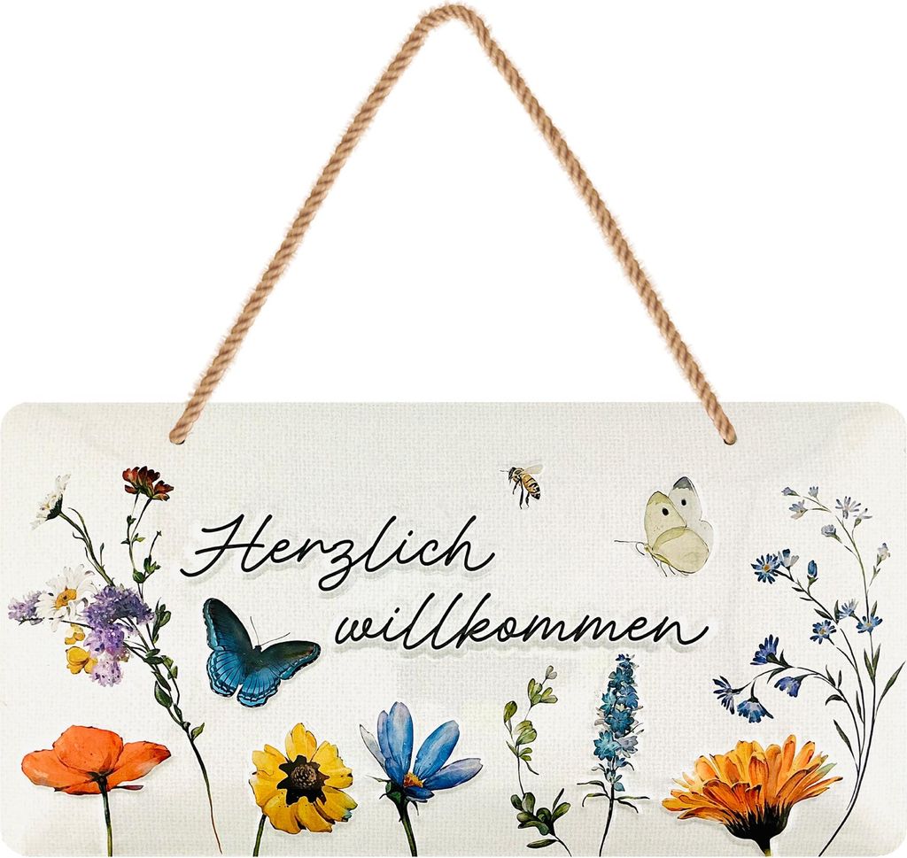 Retro Blechschild HERZLICH WILLKOMMEN Schild - willkommen Deko Garten, Schild für Haustür und Eingangstür mit Spruch - Willkommensschild