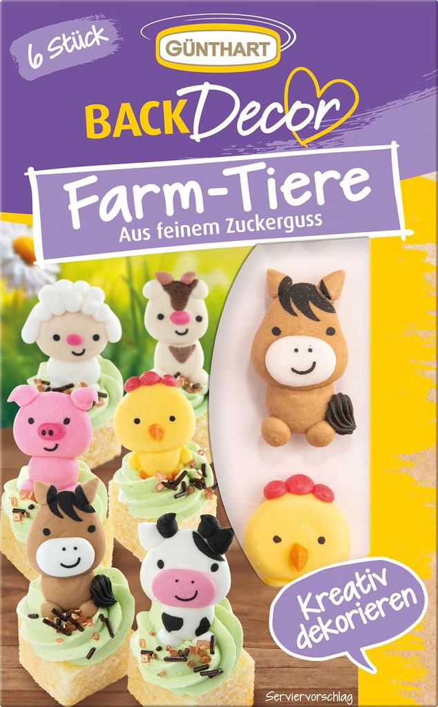 BackDecor 6 Stück essbare Farm Zuckerdekore als Schaf, Kuh, Schwein, Ziege, Pferd und Huhn