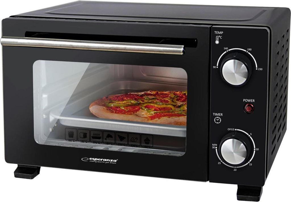 A black mini oven with a pizza inside.