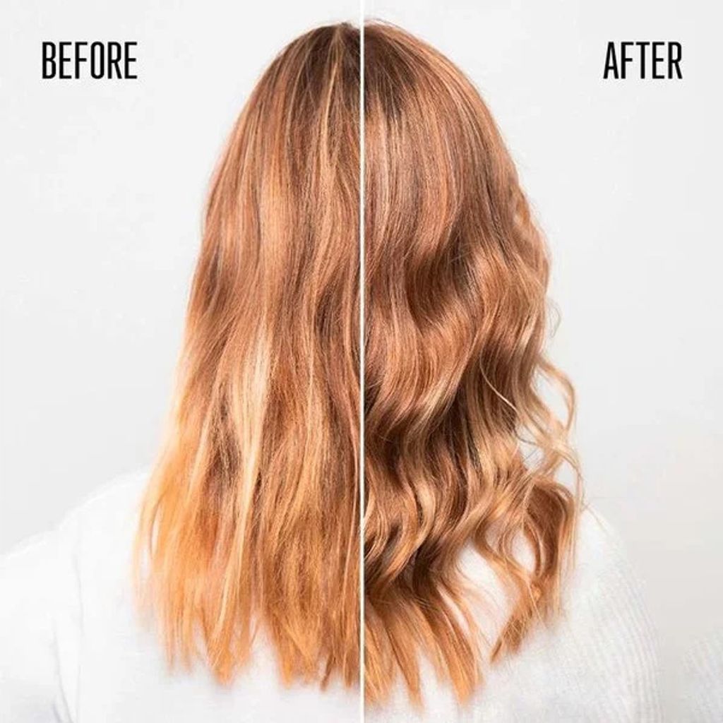 A split image showing a person's hair before and after using a hair product.