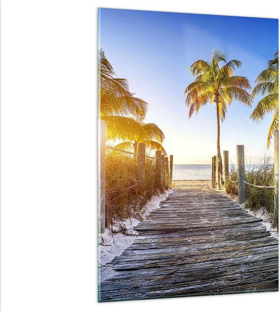 Bilder auf glas - Einteilig - Strand Palmen Fußgängerbrücke - 80x120cm - Glasbilder - Wandbilder - Bilder - Wanddekoration aus Glas - Glas Bilde...