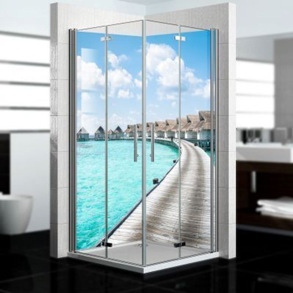 dedeco Eck-Duschrückwände Aluminium wasserfest Motiv: Malediven V1, 2 x 90x200x0,3cm, Badrückwand, Fliesenersatz fugenlos Wandverkleidung Wandpa...