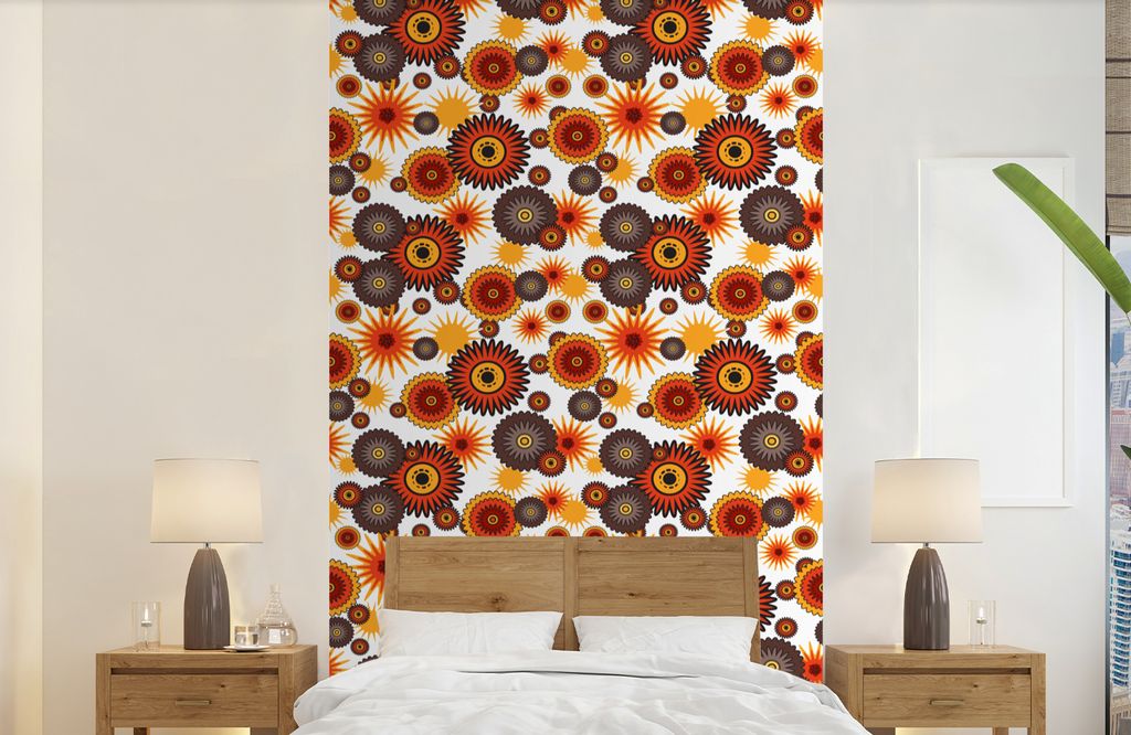 MuchoWow Fototapete für Wohnzimmer oder Schlafzimmer Wandtapete Vinyl Motivtapete Design - Retro - Orange - Blumen - 150x240 cm - Tapeten