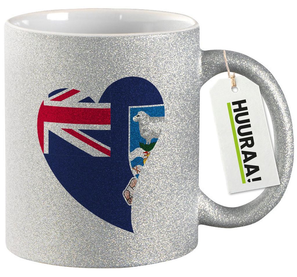 Huuraa Glitzertasse FalklanSteckanschlussln Flagge Herz 330ml Silber Keramik Kaffeebecher Geschenkidee