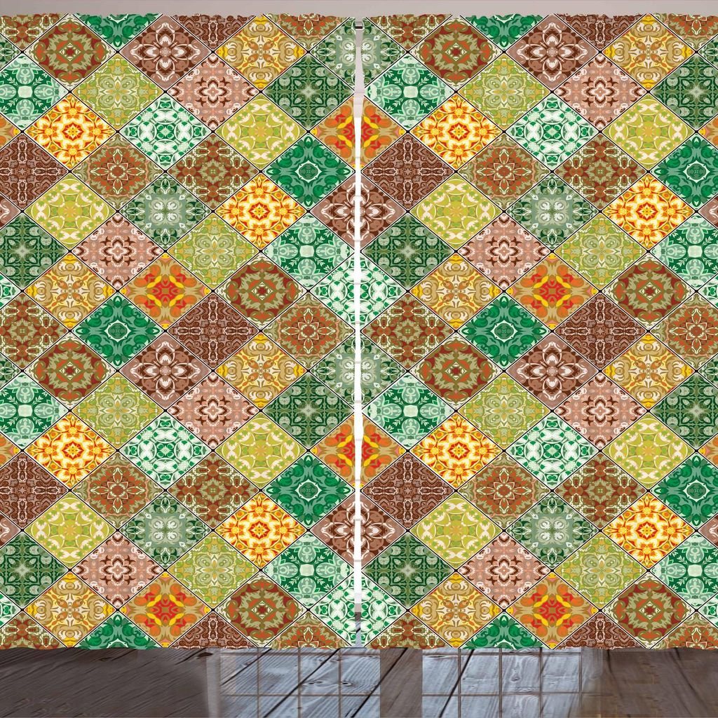 ARANDE orientalisch Gardine, Mosaik-Fliesen mit Vintage-Traditioneller Ostverzierung Motiven in Diagonal Squares, 280 x 245 cm, Mehrfarbig