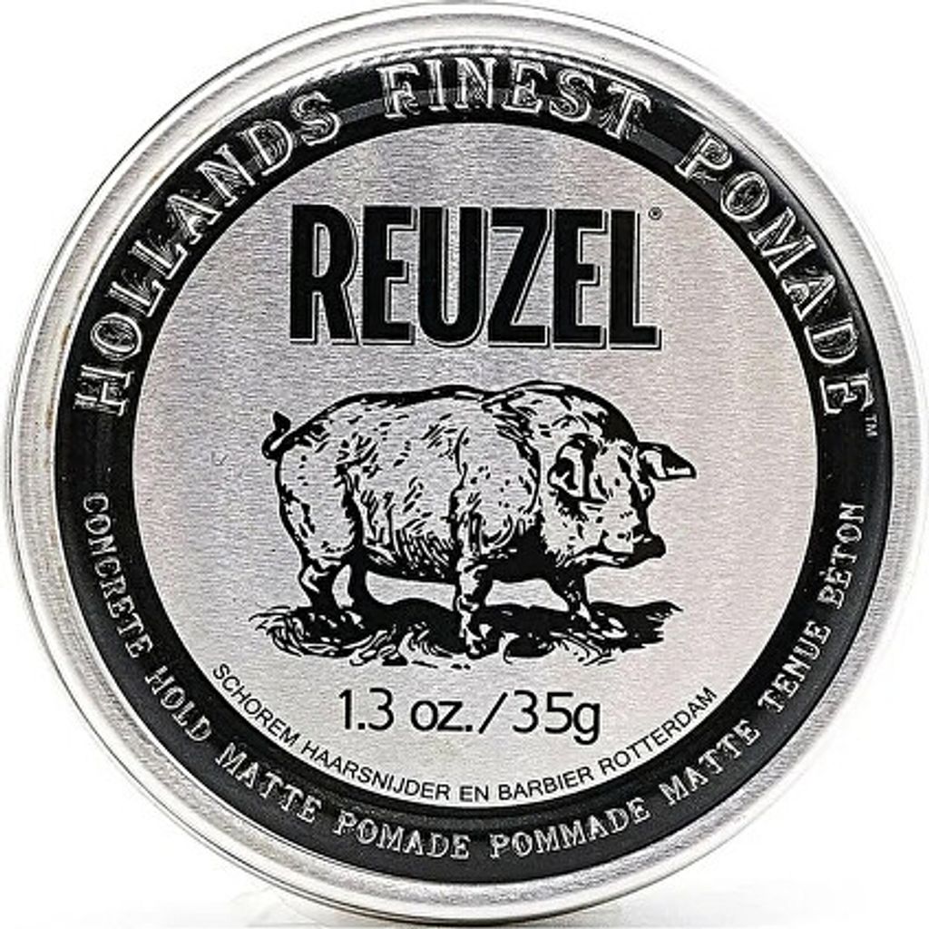 A round metal tin of Reuzel hair pomade with a pig illustration on the lid.