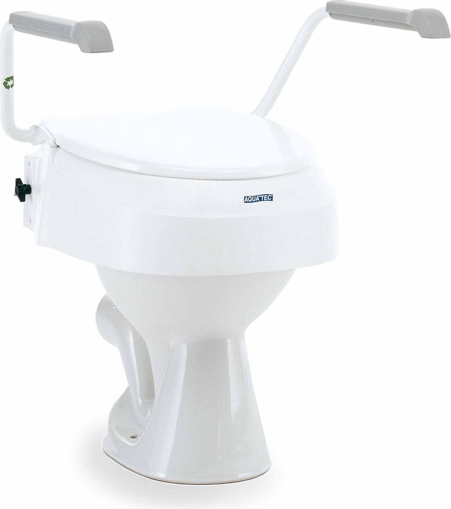 A white toilet seat riser with armrests, shown from a front-diagonal angle against a white background.