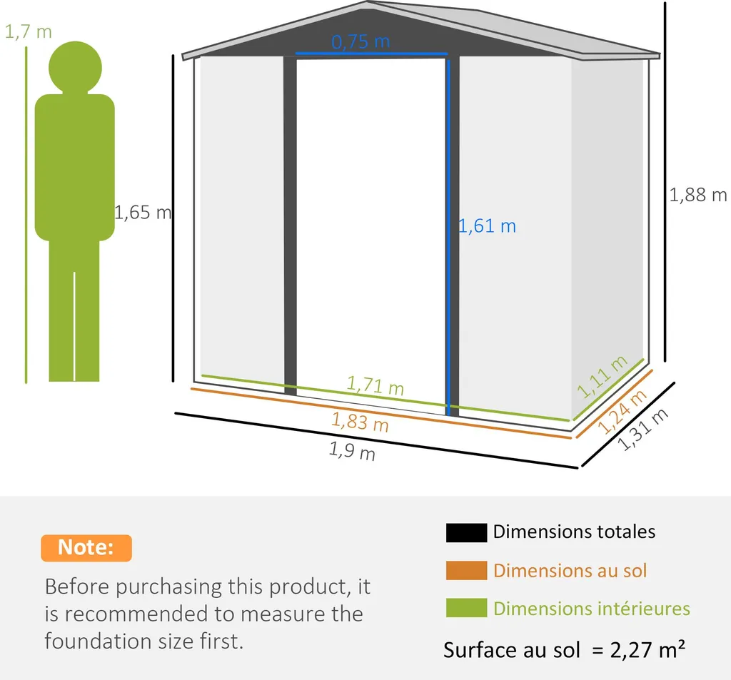 Abri à outils extérieur avec toit 2 pans et structure en acier galvanisé - 5