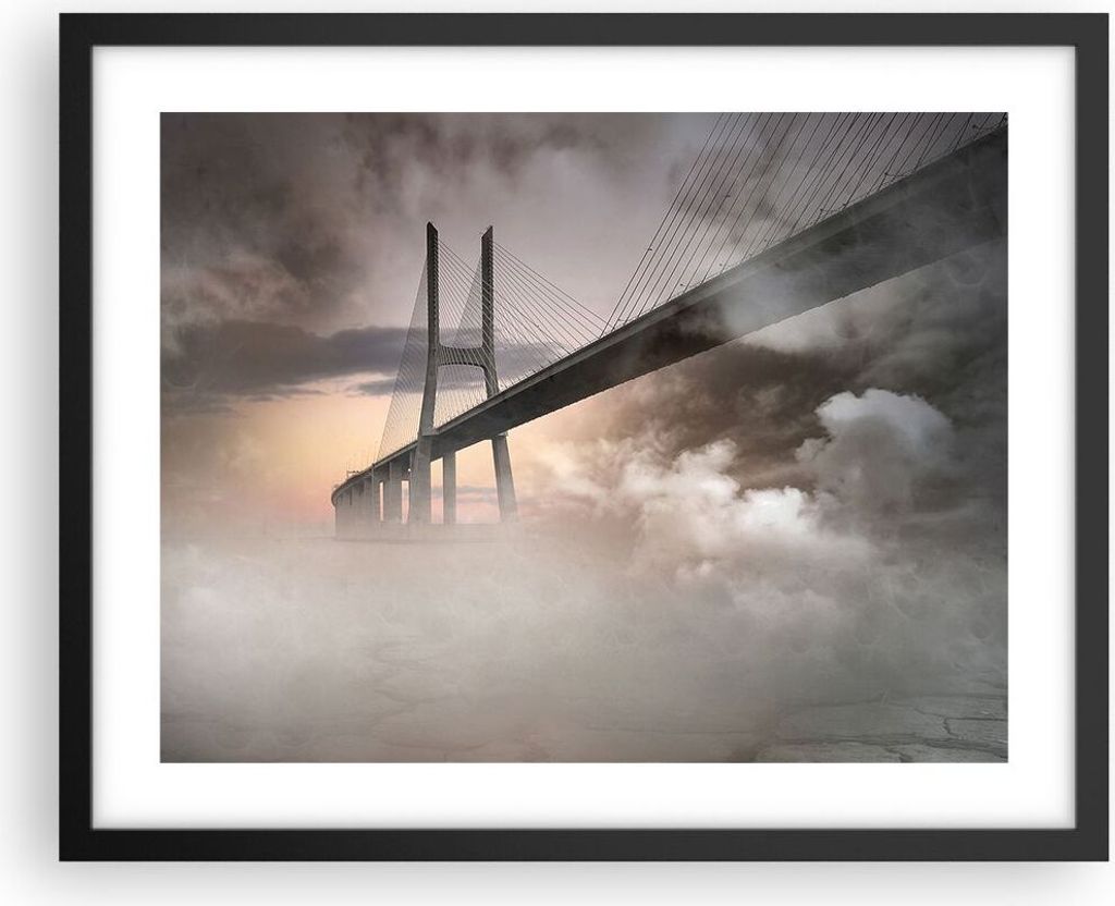 Gerahmtes Poster - Schwarzer Rahmen - Brücke Nebel Wasser - 50x40 cm - Wand Bild - Wanddeko - Wandbilder - Kunstposter - Wandposter - Bilderrahmen...