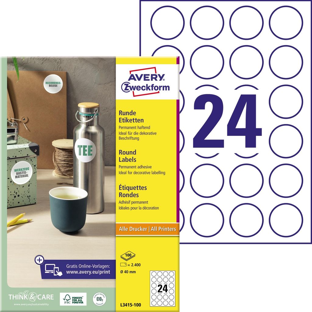 Avery Zweckform L3415-100 Etiketten in Sonderformaten, Ø 40 Produktbild 