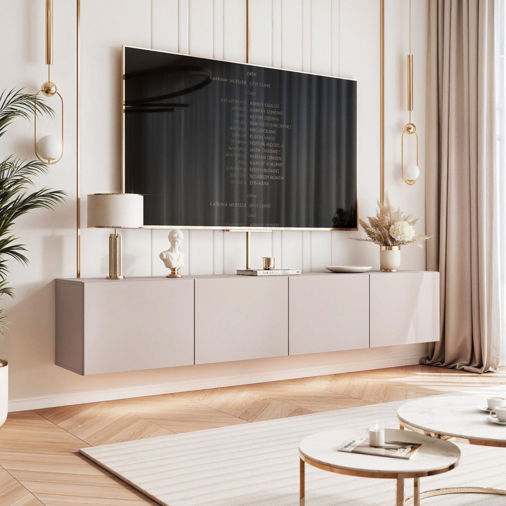 A modern living room with a wall-mounted TV and media console.