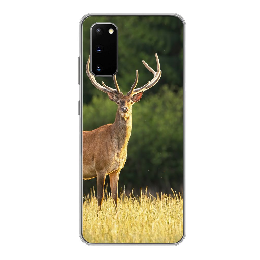 MuchoWow Handyhülle Schutzhülle Hülle für Samsung Galaxy S20 Hirsch - Geweih - Gras - Natur - Tiere - Grün Silikon Softcase Handy Hülle - Bild