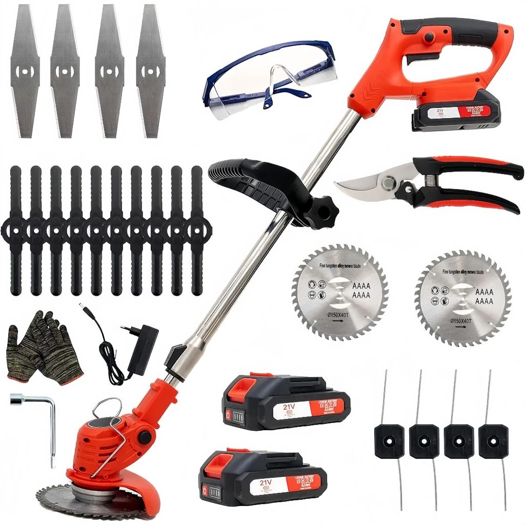 A collection of cordless grass trimmer accessories and parts, including batteries, blades, safety glasses, and shears, arranged on a white background.