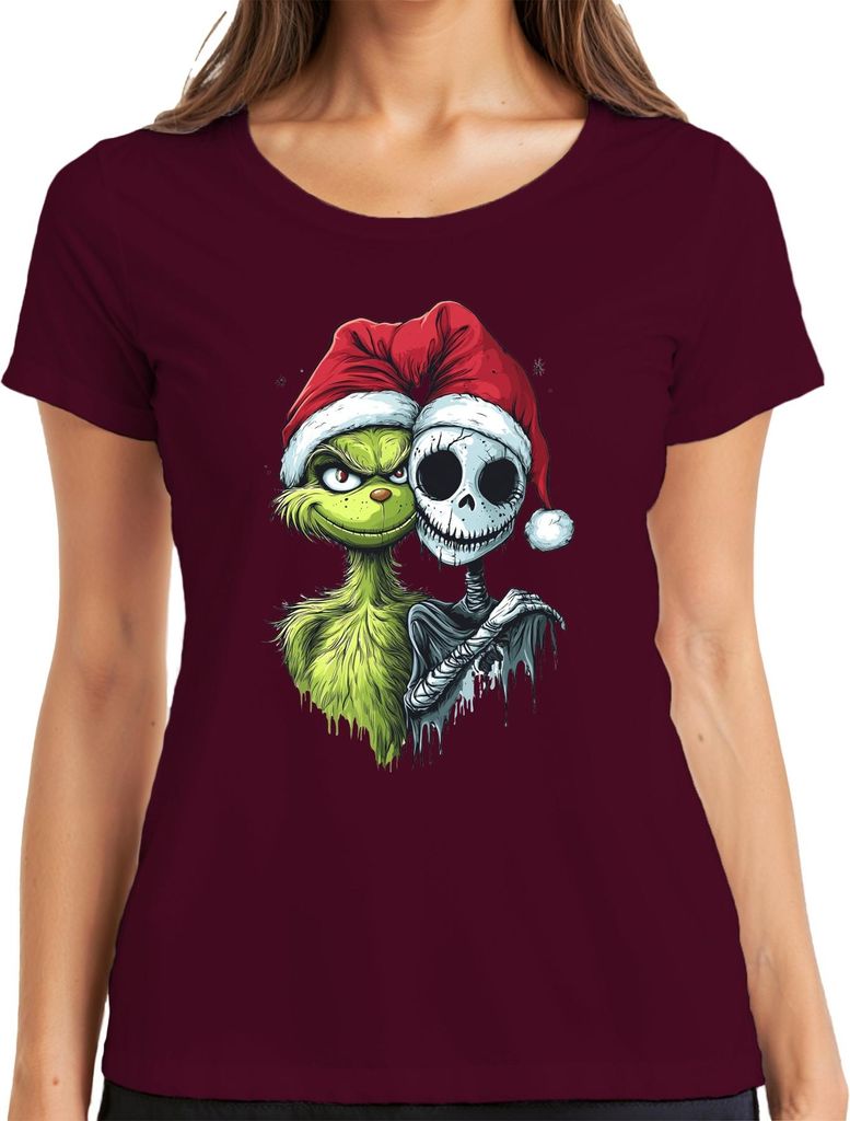 Grinch Jack Skellington Weihnachten Totenkopf gruselig Gothic Damen T-Shirt, Burgundy, S