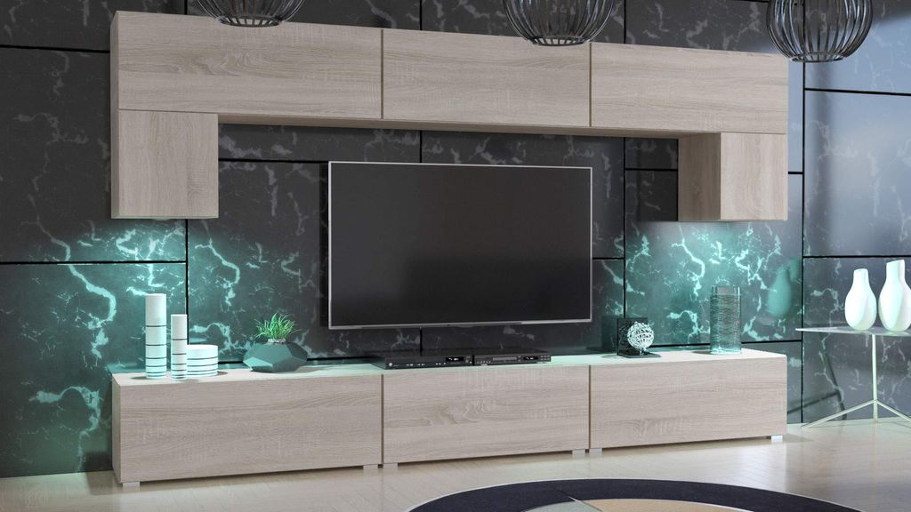 Furnitech Wohnwand Wohnzimmer - Wohnzimmer Möbel mit LED Weiß - Hängend Wohnwand Modern - Wohnzimmer Schrankwand mit Regale und TV Schrank (Kate...
