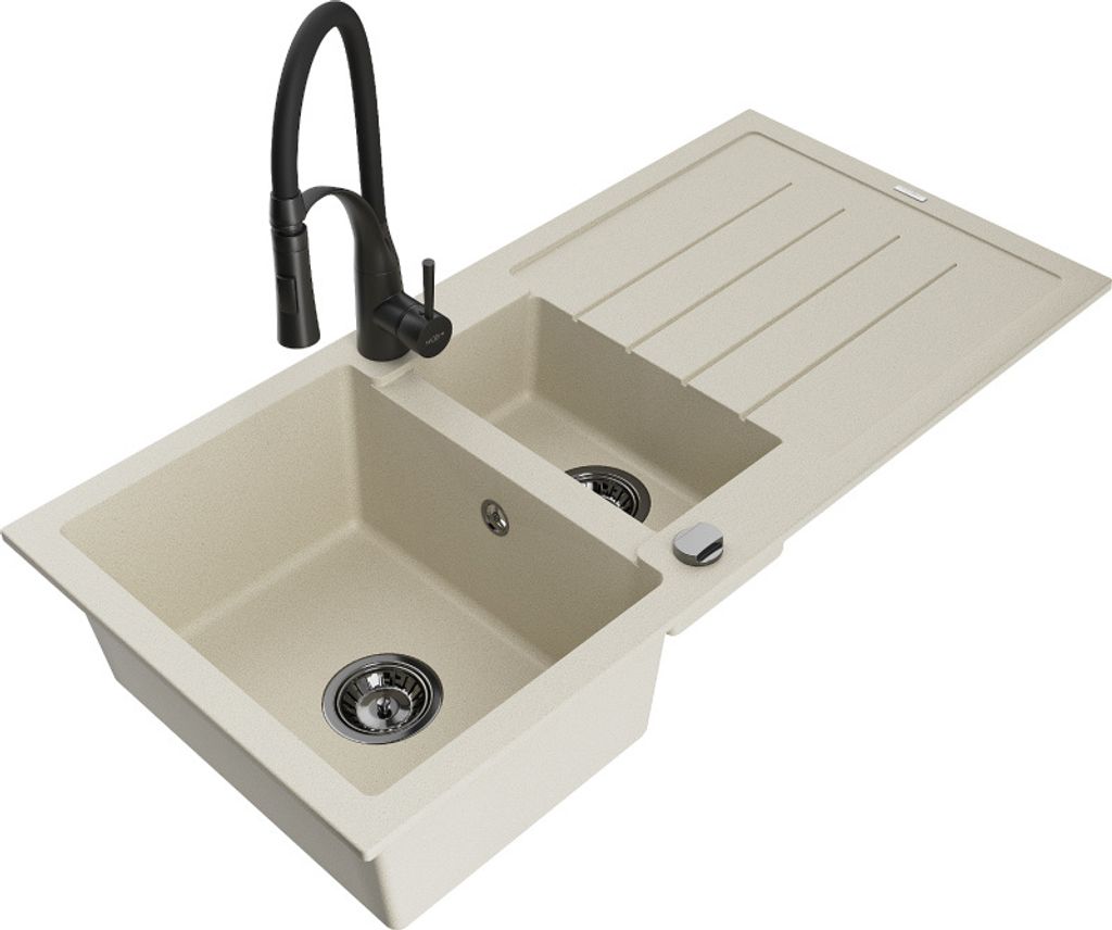 Mexen Andres 1,5-Becken-Granitspüle mit Abtropffläche und Mischbatterie Aster, Beige - 6515-69-73450-70-B