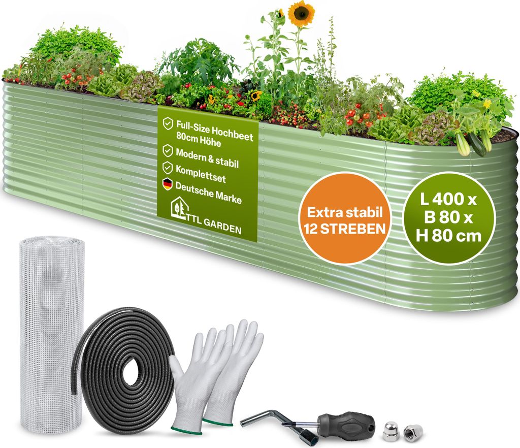 TTL GARDEN Hochbeet Nature XXL 400×80×80 cm – Metall Salbei-Grün oval & stabil