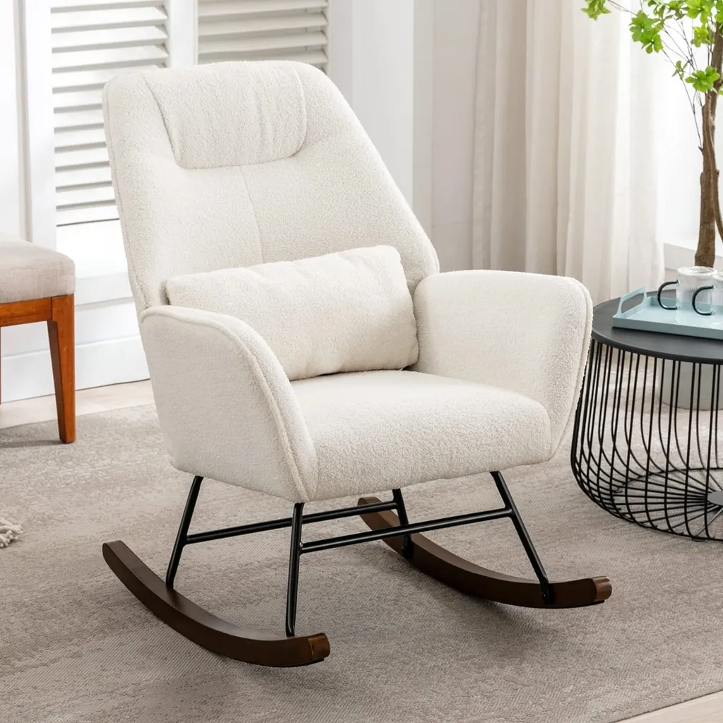 Fauteuil Rembourré en Laine Teddy Blanc - Assise Moelleuse et Pieds Bois
