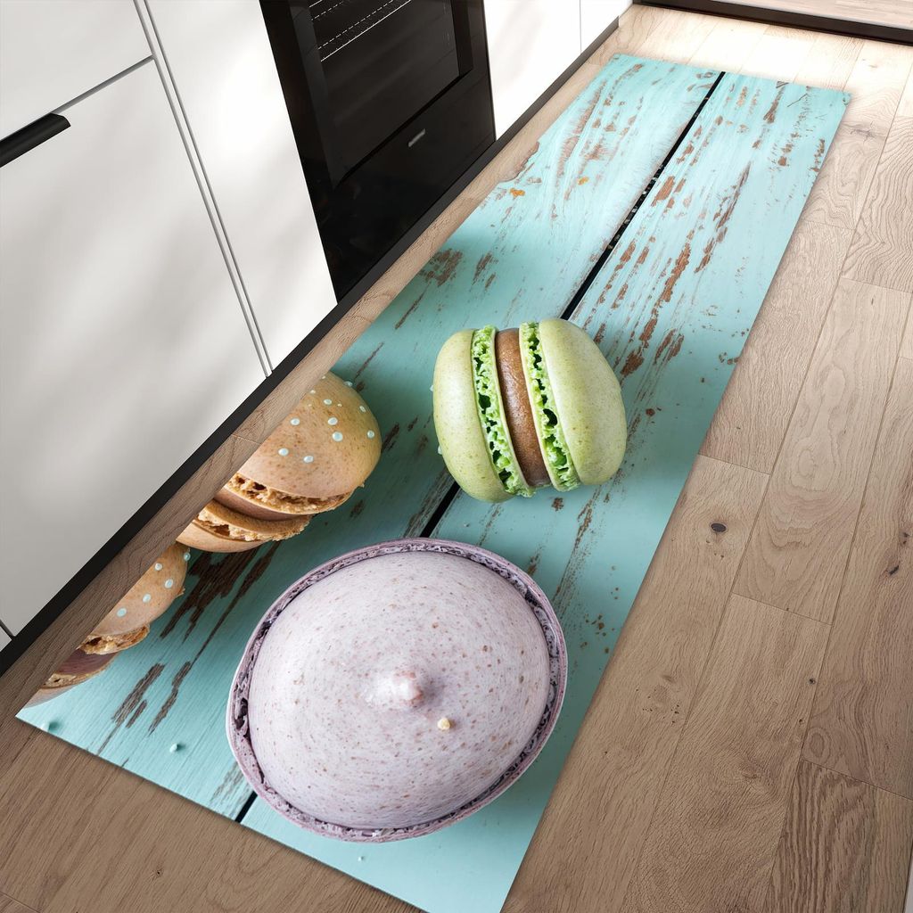 Küchenteppich 80x250cm rutschfest & abwischbar PVC Läufer - Macarons auf Holz