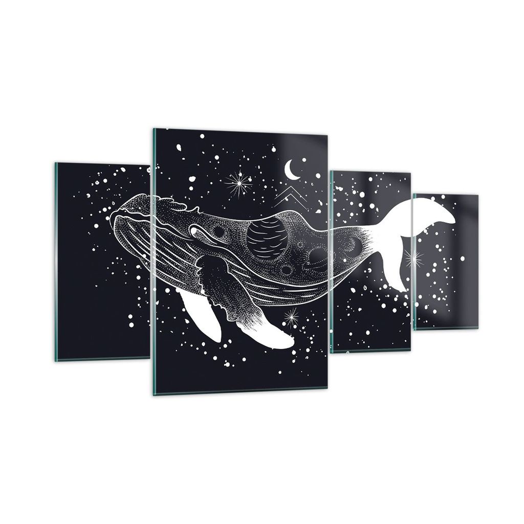 Bilder auf glas - 4 Teile - Wal Schwarzweiß Grafik - 160x90cm - Glasbilder - Wandbilder - Bilder - zum Aufhängen bereit - Wanddekoration aus Glas...