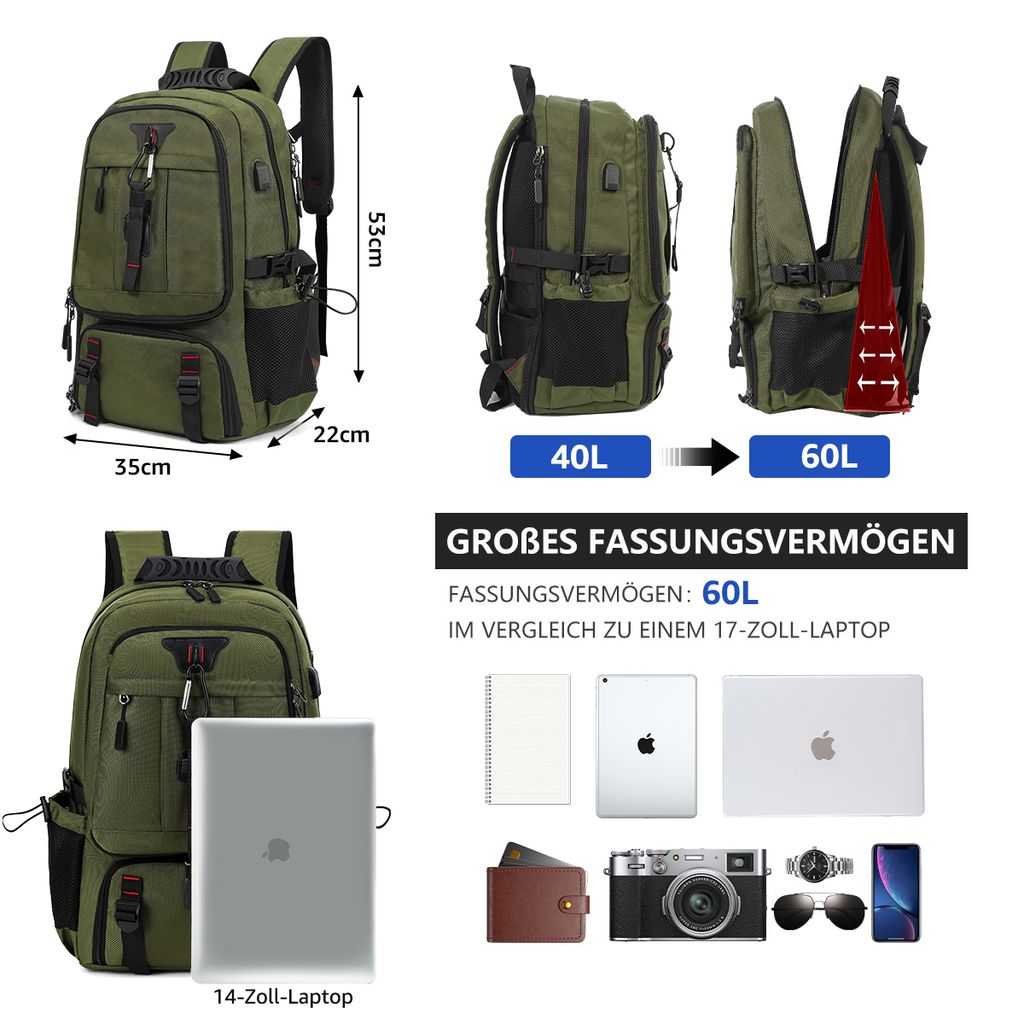 NULSTA Laptop Rucksack 60L, Reiserucksack Handgepäck mit Produktbild 2
