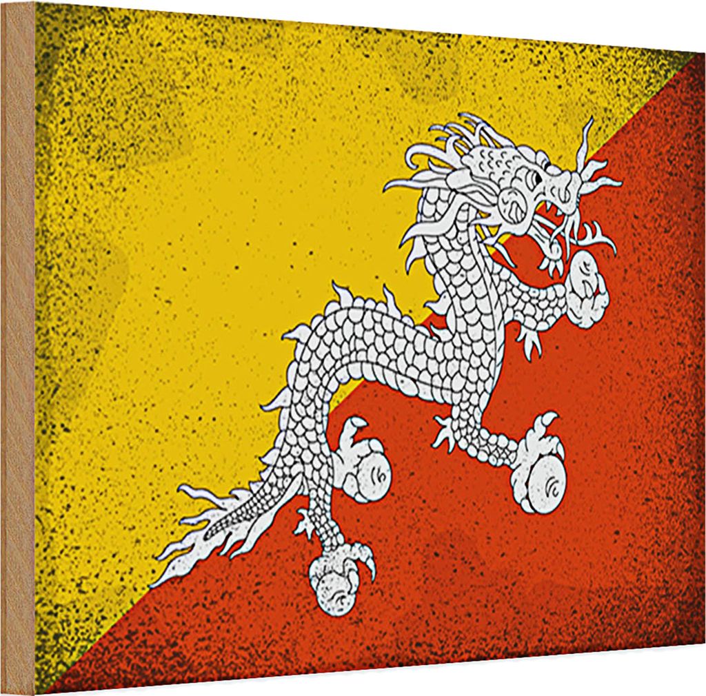 Holzschild Flagge Bhutan 30x20cm Flag of Bhutan Vintage