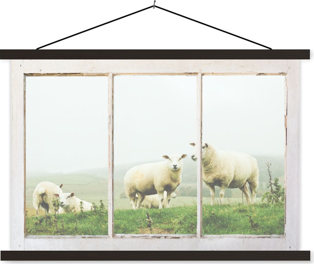 MuchoWow Textilposter Durchschauen - Schafe - Gras 90x60 cm mit schwarzem Rahmen - Aufhängungssatz