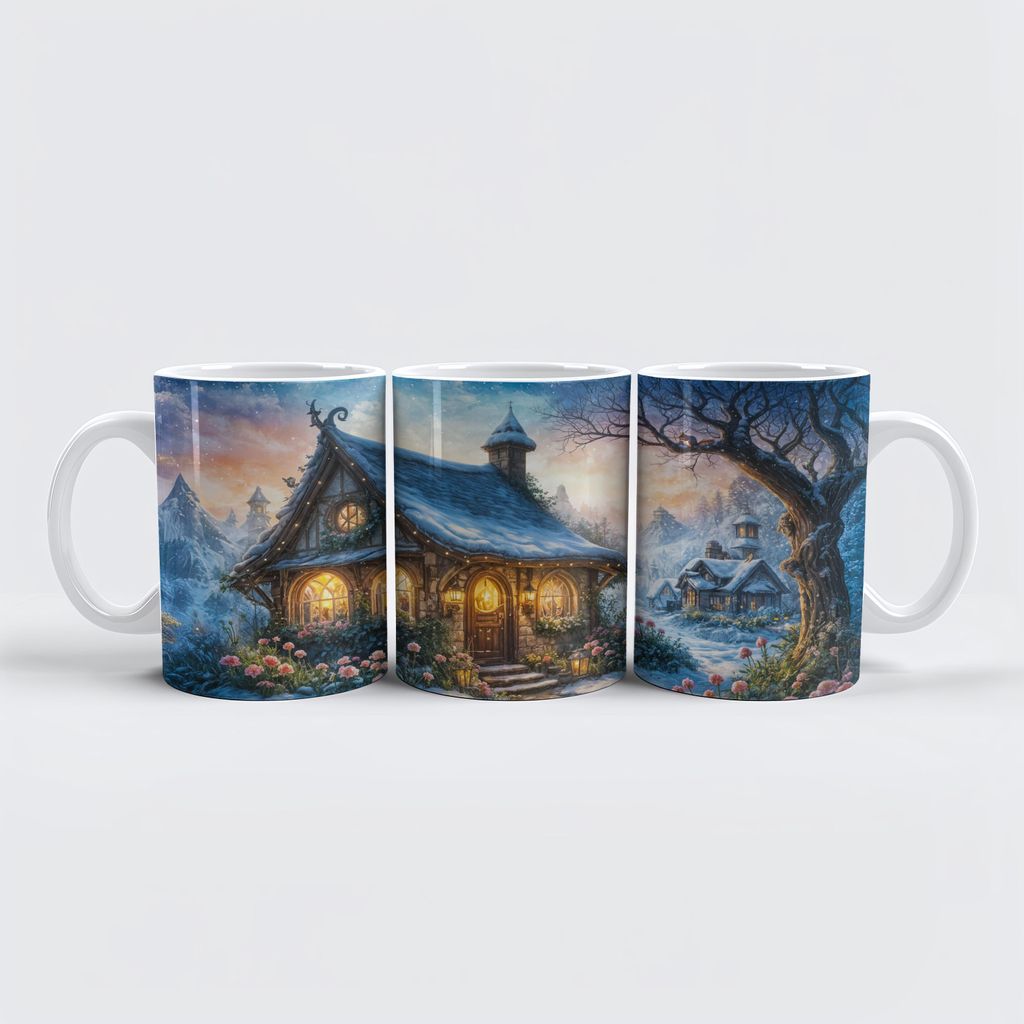raxxa Premium-Tasse "Charming Winter Cottage with Festive Lights"