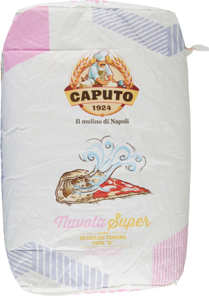 A bag of flour with branding and illustrations.