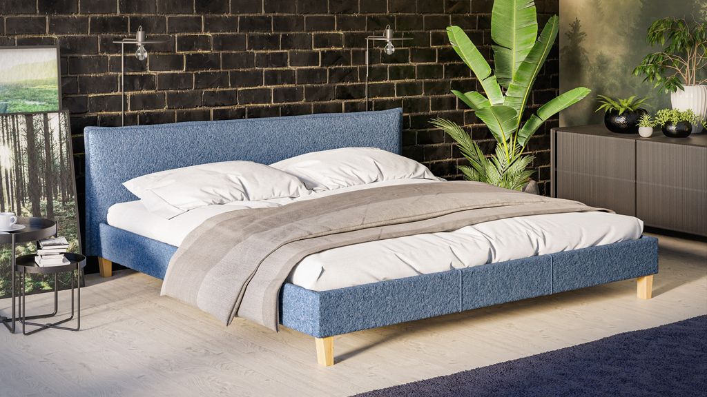 S-STYLE MÖBEL - Polsterbett 200x200 Thea Blau Boucle Stoff Füße aus Massivholz
