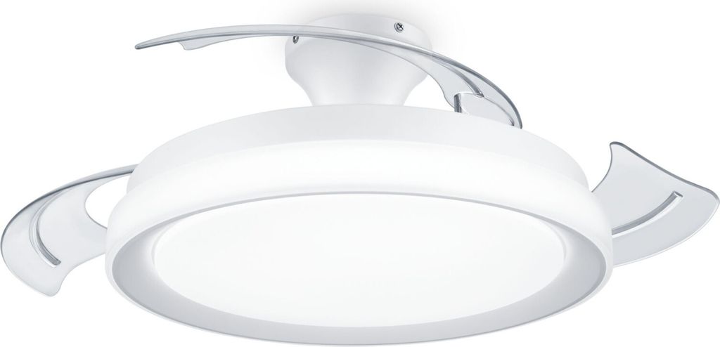 A white ceiling fan with a light on a white background.