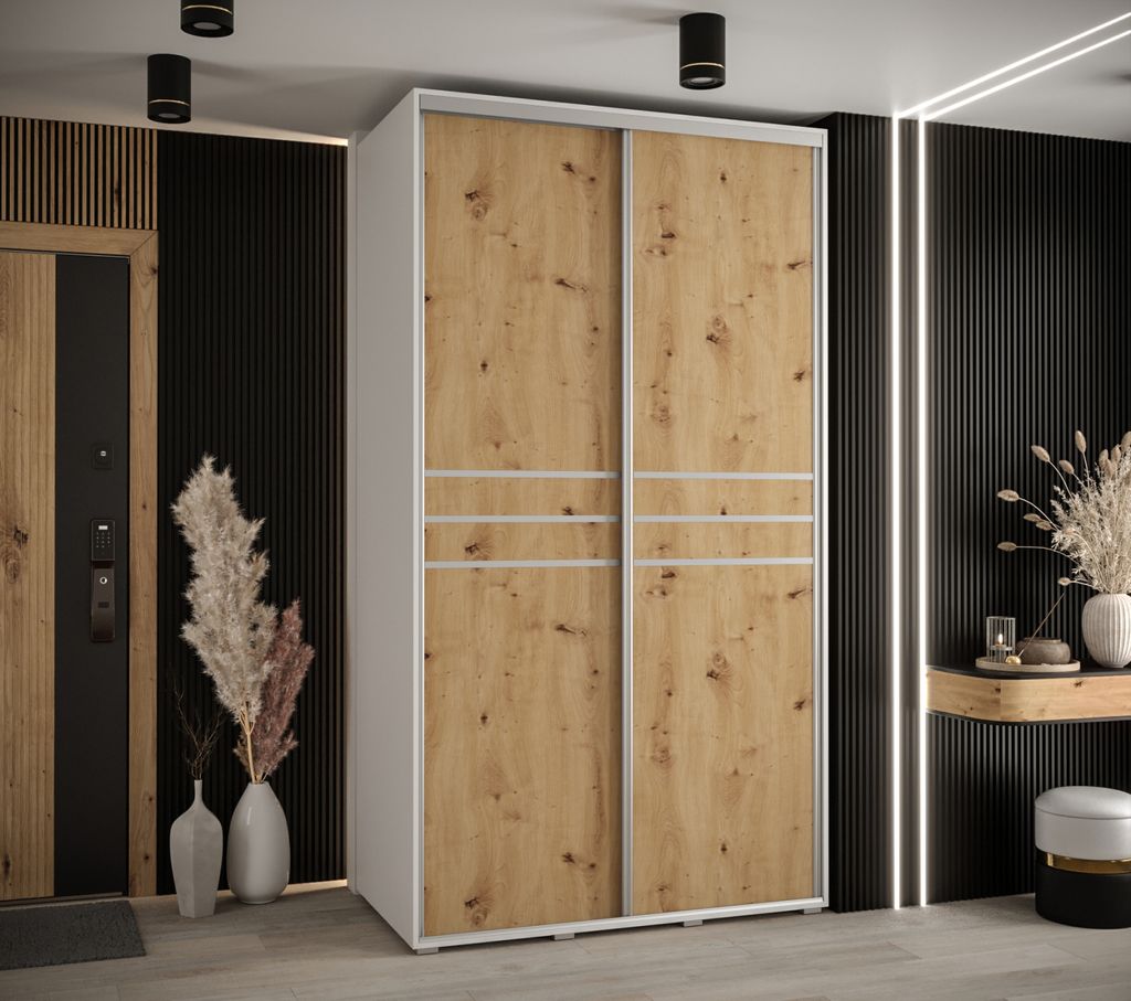 Kleiderschrank YVONA 10 - 130/60 cm, weiß / Eiche handwerklich / silber