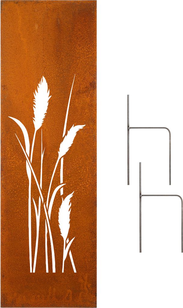 A metal garden decoration with a pampas grass design and two metal ground stakes.