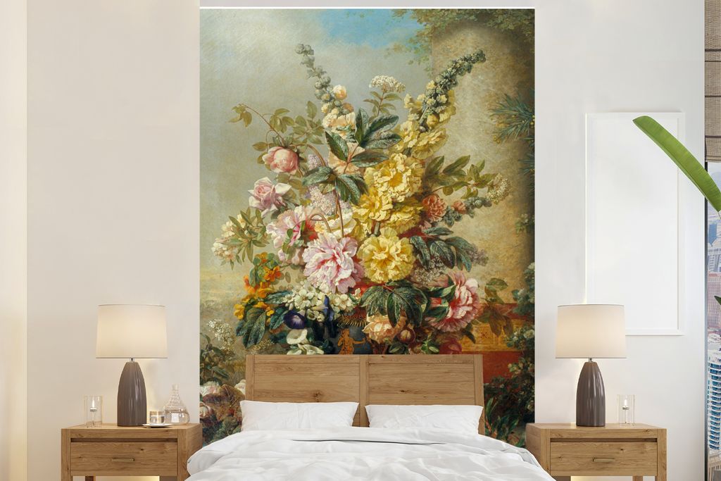 MuchoWow Fototapete für Wohnzimmer oder Schlafzimmer Wandtapete Vinyl Motivtapete Große Vase mit Blumen - Josep Mirabent - Alte Meister - 195x3...
