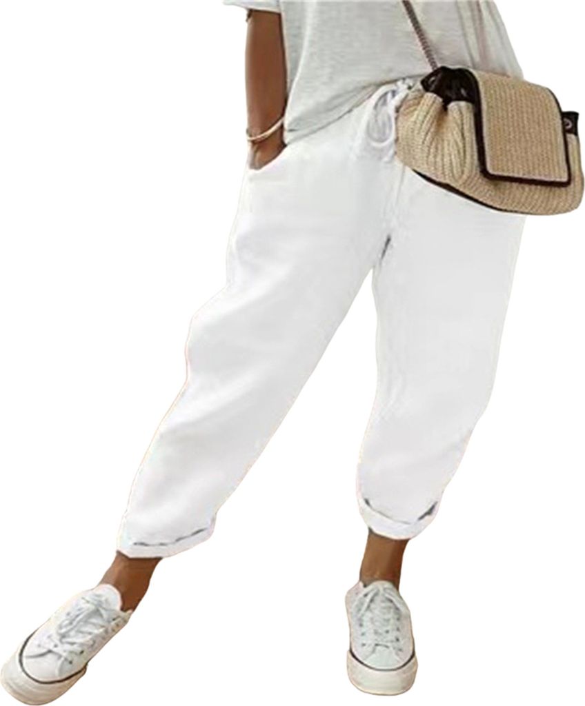ASKSA Damen Leinenhose Casual Leicht Sommerhose Bequeme Hose Freizeithose Strandhose mit Taschen, Weiss, Groesse: M