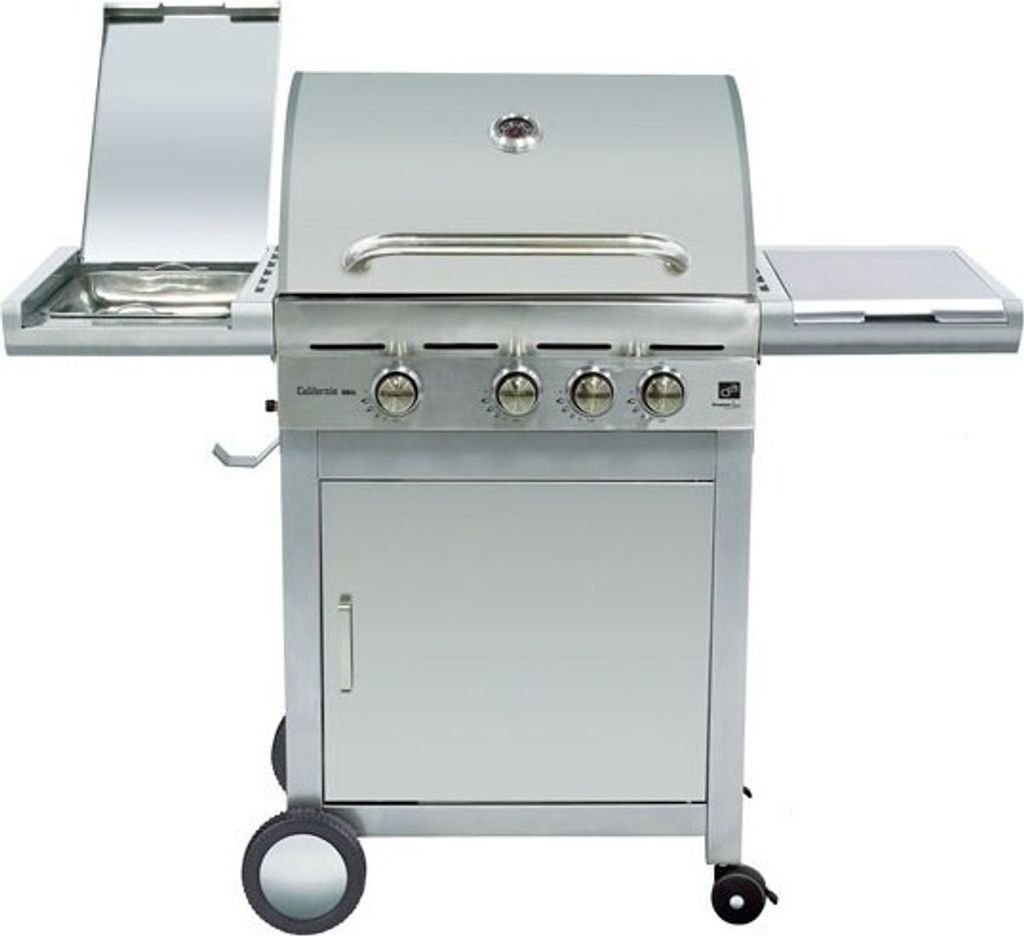 A stainless steel gas grill with the lid open on the left side, showing a drip tray.