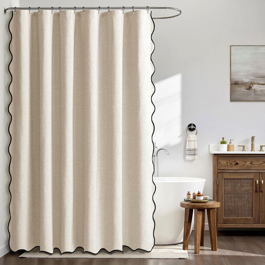 Duschvorhang in Leinenoptik, 180 x 200 cm, gewellt, beige mit schwarzem Rand, r wasserdichter Duschvorhang für Hotels, schimmelresistent, waschbar...