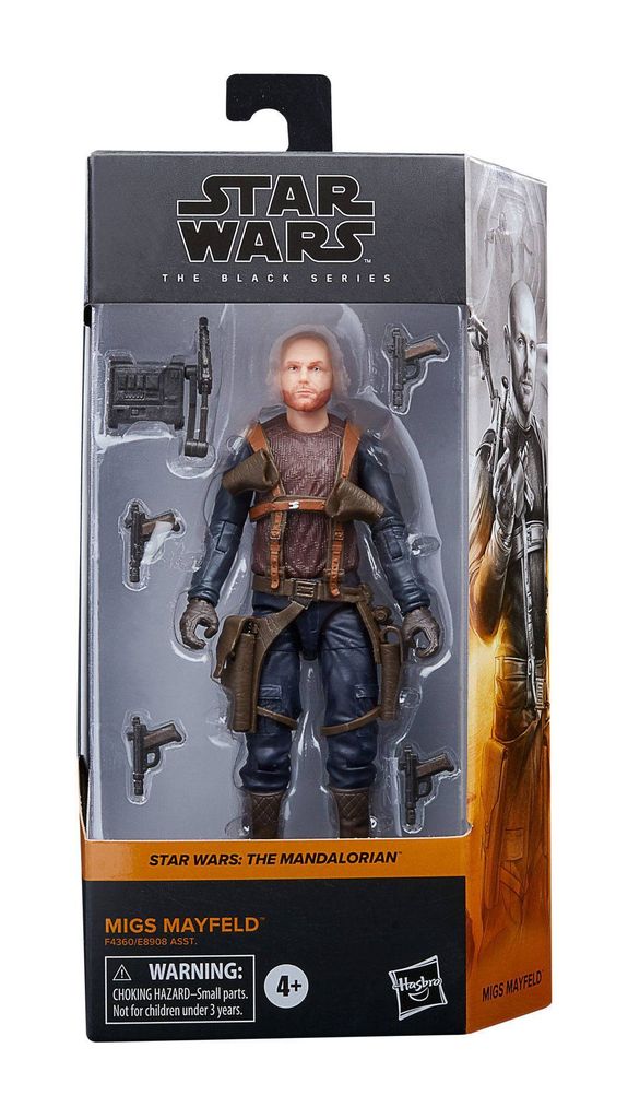 A Star Wars The Black Series Migs Mayfeld action figure in its packaging.
